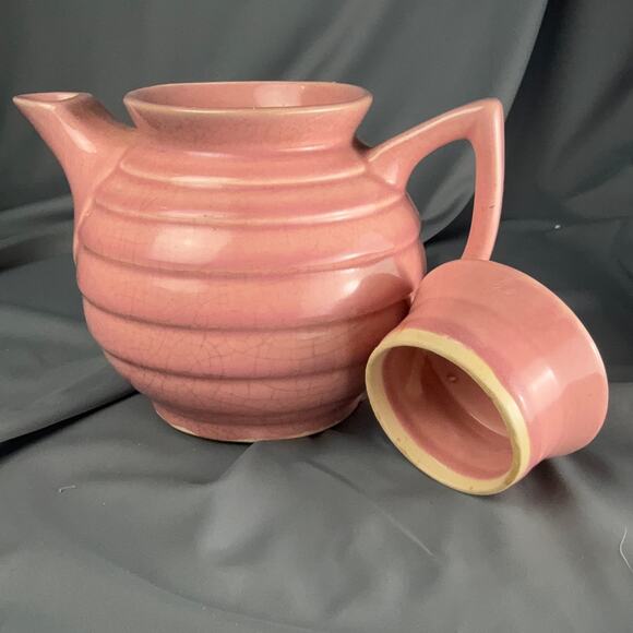 Vintage Pink Pottery Teapot Ribbed Ringware Style 1930s Art Deco 7.5x6.5 - Picture 4 of 8